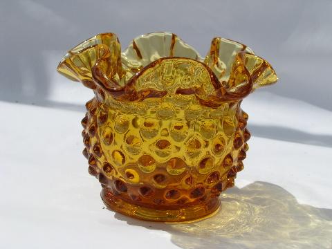 photo of amber glass ruffled hobnail vintage Fenton glass flower bowl vase #1