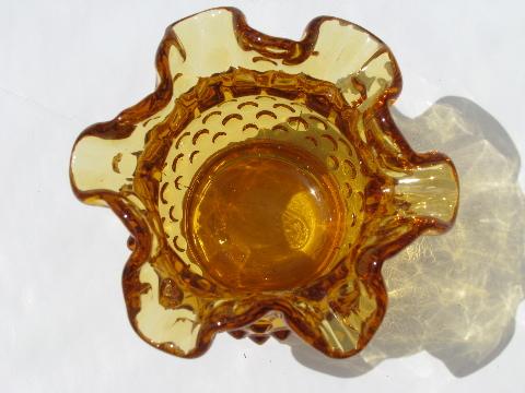 photo of amber glass ruffled hobnail vintage Fenton glass flower bowl vase #3