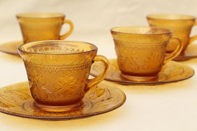 photo of amber glass sandwich daisy pattern cups & saucers, vintage Tiara / Indiana glass #2