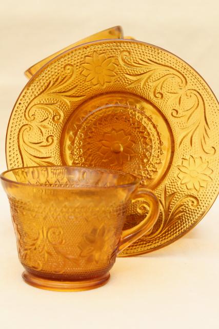 photo of amber glass sandwich daisy pattern cups & saucers, vintage Tiara / Indiana glass #4