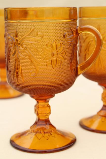 photo of amber glass sandwich daisy pattern footed tall cups, vintage Tiara / Indiana glass #2