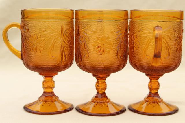 photo of amber glass sandwich daisy pattern footed tall cups, vintage Tiara / Indiana glass #3