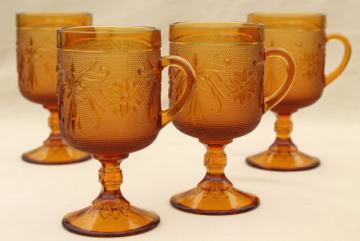 catalog photo of amber glass sandwich daisy pattern footed tall cups, vintage Tiara / Indiana glass