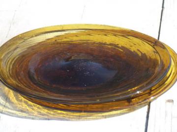 catalog photo of amber swirl hand-blown glass plates, vintage Mexican art glass w/ pontil marks