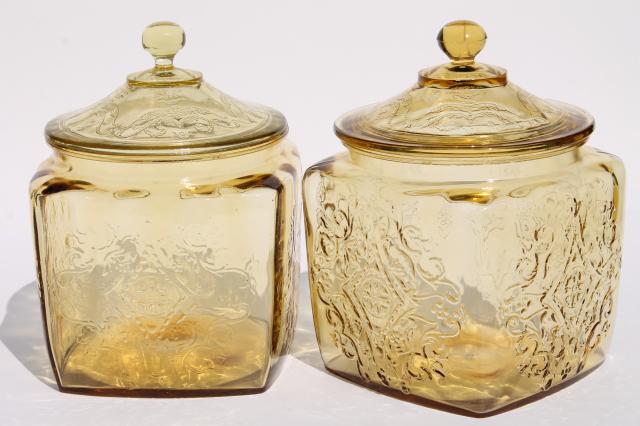 photo of amber yellow depression glass cookie biscuit jars, Indiana Recollection & Federal Madrid #1