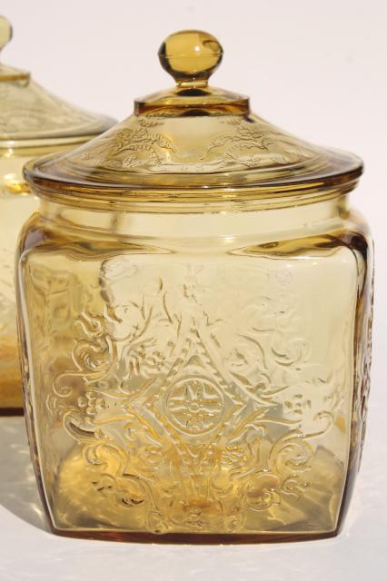 photo of amber yellow depression glass cookie biscuit jars, Indiana Recollection & Federal Madrid #3