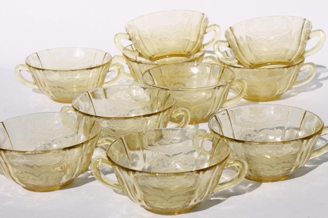 photo of amber yellow depression glass cream soup bowls, Madrid / Recollection pattern glass  #1