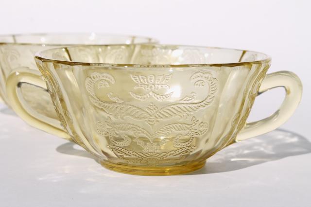 photo of amber yellow depression glass cream soup bowls, Madrid / Recollection pattern glass  #2