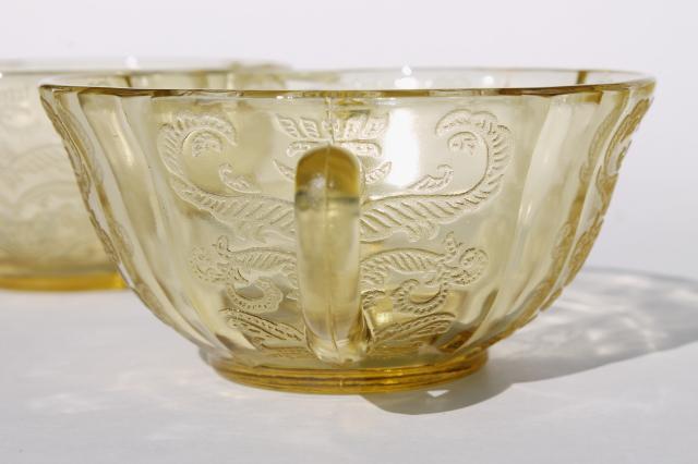 photo of amber yellow depression glass cream soup bowls, Madrid / Recollection pattern glass  #3