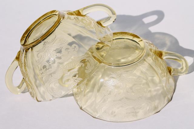 photo of amber yellow depression glass cream soup bowls, Madrid / Recollection pattern glass  #5