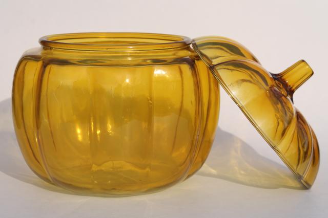 photo of amber yellow pumpkin, glass cookie jar canister for fall harvest table, Halloween or Thanksgiving #2