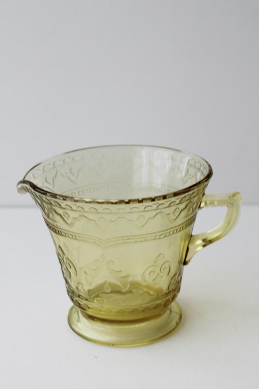 photo of amber yellow vintage depression glass cream pitcher, spoke pattern Federal Patrician  #1