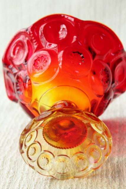 photo of amberina glass shaded red amber candy dish, vintage moon and stars pattern glass #5