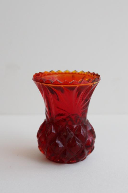 photo of amberina red colored glass toothpick holder or match vase, vintage pressed glass #1