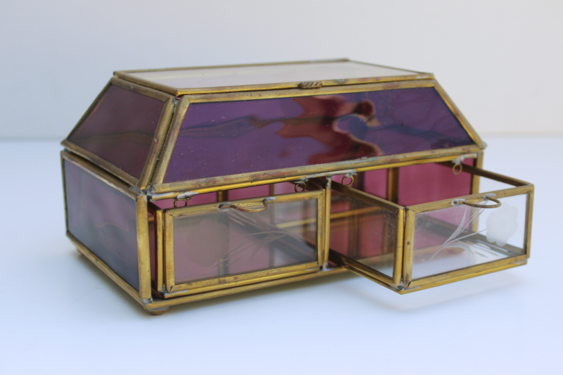 photo of amethyst glass & brass jewelry box w/ mirror and tiny drawers, hippie boho 70s vintage #1