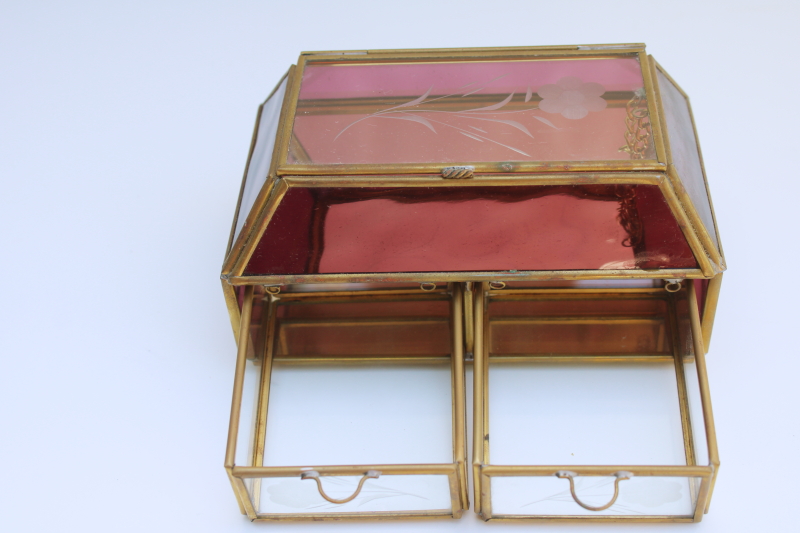 photo of amethyst glass & brass jewelry box w/ mirror and tiny drawers, hippie boho 70s vintage #2