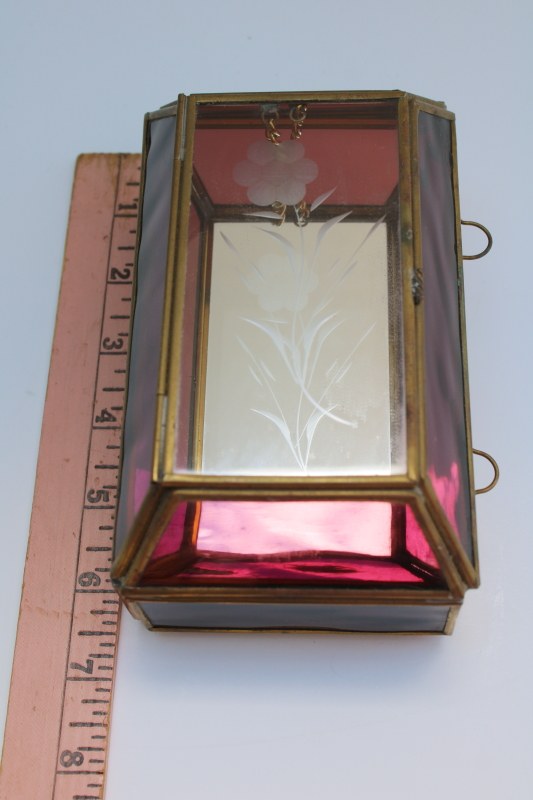 photo of amethyst glass & brass jewelry box w/ mirror and tiny drawers, hippie boho 70s vintage #3