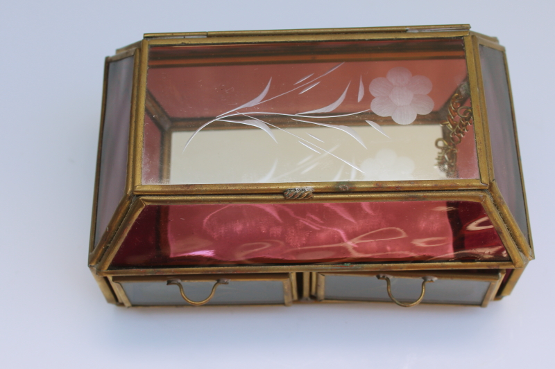 photo of amethyst glass & brass jewelry box w/ mirror and tiny drawers, hippie boho 70s vintage #4
