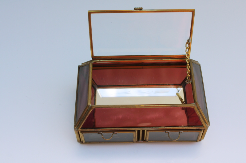 photo of amethyst glass & brass jewelry box w/ mirror and tiny drawers, hippie boho 70s vintage #5