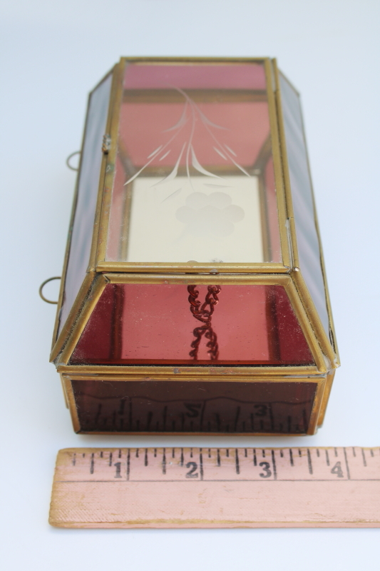 photo of amethyst glass & brass jewelry box w/ mirror and tiny drawers, hippie boho 70s vintage #6