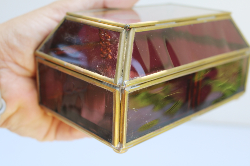 photo of amethyst glass & brass jewelry box w/ mirror and tiny drawers, hippie boho 70s vintage #7