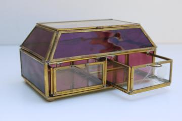 catalog photo of amethyst glass & brass jewelry box w/ mirror and tiny drawers, hippie boho 70s vintage 