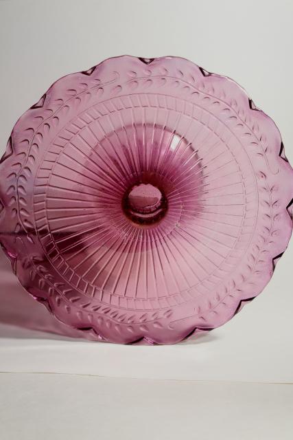 photo of amethyst pink colored glass cake stands, scalloped edge laurel vines, tower of graduated sizes #2