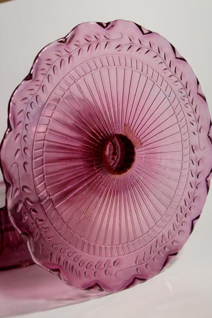 photo of amethyst pink colored glass cake stands, scalloped edge laurel vines, tower of graduated sizes #3