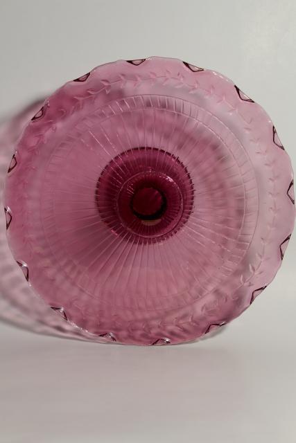 photo of amethyst pink colored glass cake stands, scalloped edge laurel vines, tower of graduated sizes #6