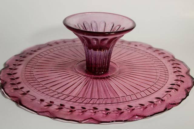 photo of amethyst pink colored glass cake stands, scalloped edge laurel vines, tower of graduated sizes #7