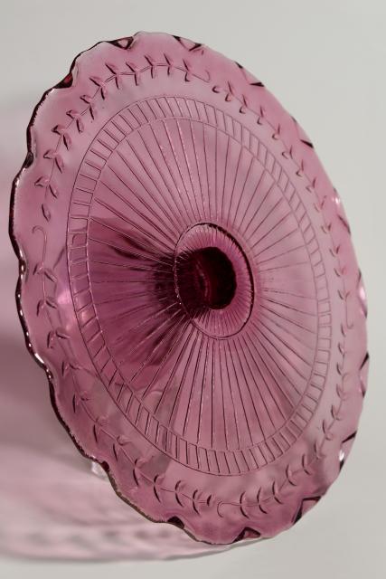 photo of amethyst pink colored glass cake stands, scalloped edge laurel vines, tower of graduated sizes #8