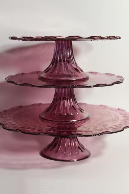 photo of amethyst pink colored glass cake stands, scalloped edge laurel vines, tower of graduated sizes #9