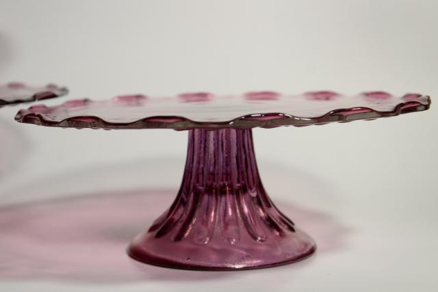 photo of amethyst pink colored glass cake stands, scalloped edge laurel vines, tower of graduated sizes #12