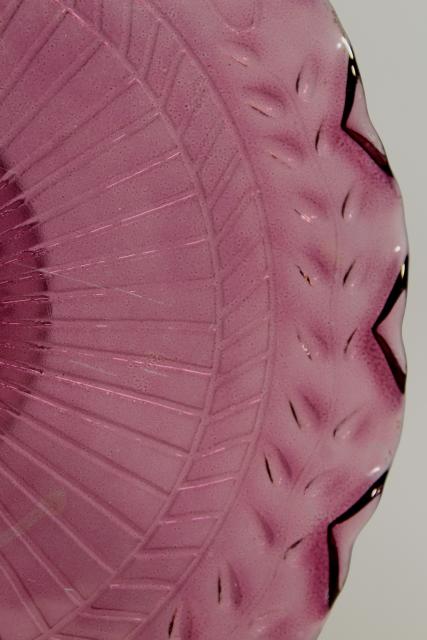 photo of amethyst pink colored glass cake stands, scalloped edge laurel vines, tower of graduated sizes #14