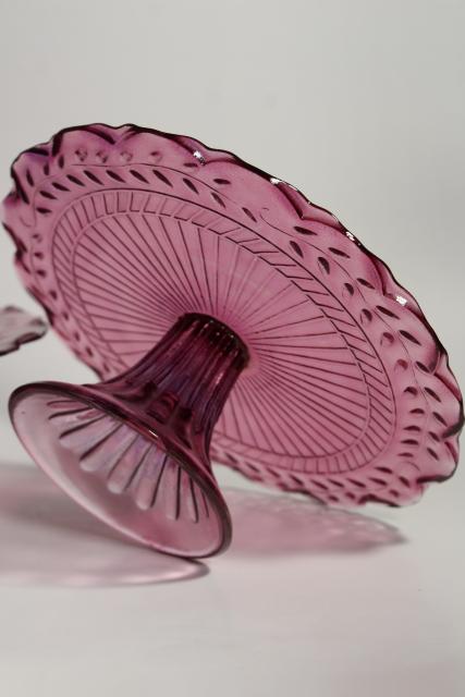 photo of amethyst pink colored glass cake stands, scalloped edge laurel vines, tower of graduated sizes #15