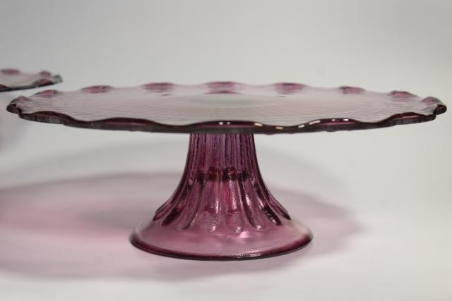 photo of amethyst pink colored glass cake stands, scalloped edge laurel vines, tower of graduated sizes #16