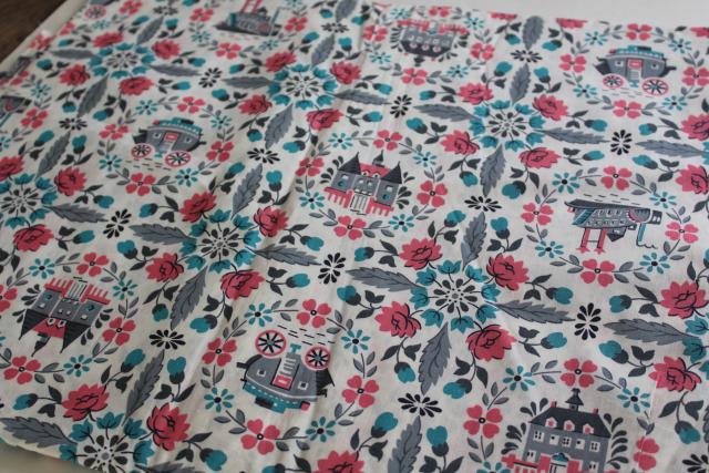 photo of antebellum scenes of old south fabric, mid-century vintage pink & aqua print cotton #1