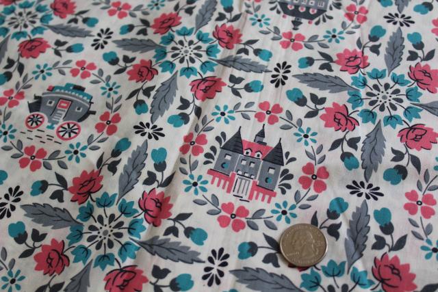 photo of antebellum scenes of old south fabric, mid-century vintage pink & aqua print cotton #2