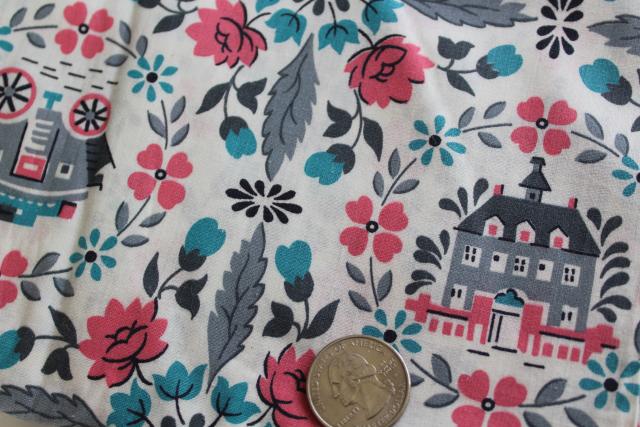 photo of antebellum scenes of old south fabric, mid-century vintage pink & aqua print cotton #5