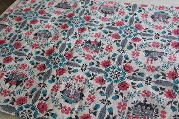 catalog photo of antebellum scenes of old south fabric, mid-century vintage pink & aqua print cotton