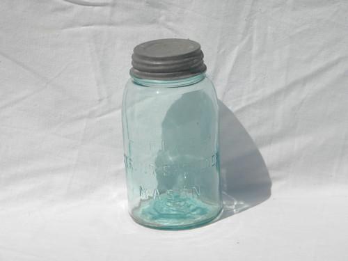 photo of antique 1 qt aqua Atlas Strong Shoulder Mason jar, wrinkled glass #1