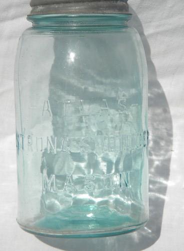 photo of antique 1 qt aqua Atlas Strong Shoulder Mason jar, wrinkled glass #2