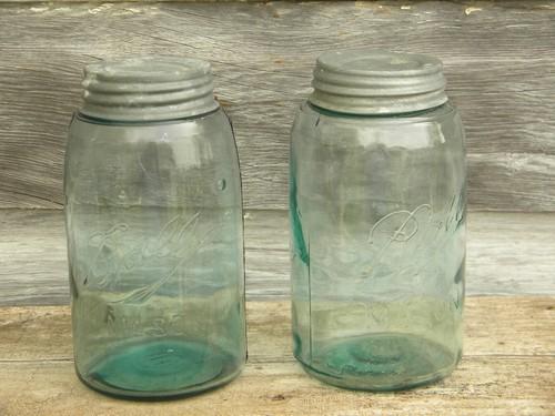 photo of antique 1 quart blue glass Ball Mason 3L storage jars, wrinkled glass #1