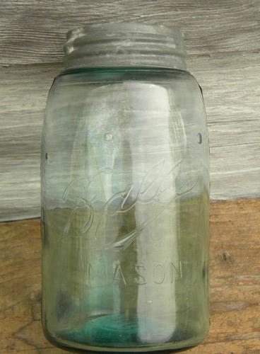 photo of antique 1 quart blue glass Ball Mason 3L storage jars, wrinkled glass #2