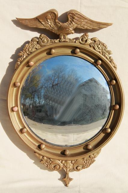 photo of antique 1800s American centennial silvered glass fisheye mirror, convex bubble glass in gold eagle frame #1
