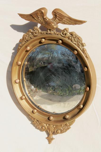 photo of antique 1800s American centennial silvered glass fisheye mirror, convex bubble glass in gold eagle frame #3
