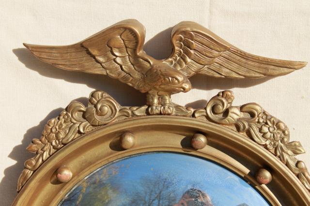 photo of antique 1800s American centennial silvered glass fisheye mirror, convex bubble glass in gold eagle frame #4