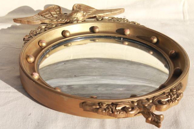 photo of antique 1800s American centennial silvered glass fisheye mirror, convex bubble glass in gold eagle frame #10