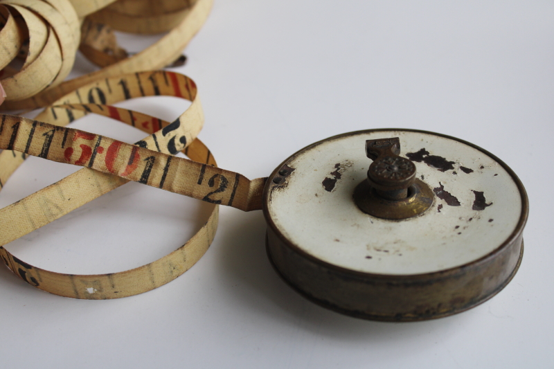 photo of antique 1800s English brass tape measure, hand crank winder 3 Poles or 50 Feet tape  #1