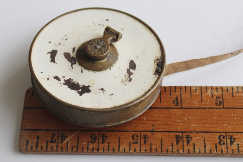 photo of antique 1800s English brass tape measure, hand crank winder 3 Poles or 50 Feet tape  #6